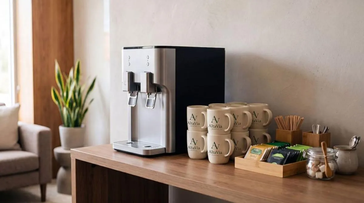 A quiet coffee and tea station with AltaVia ceramic mugs