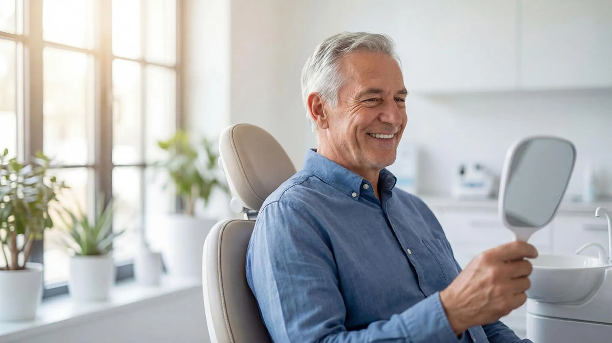 A male patient admiring his new smile in a hand mirror during a cosmetic dentistry consultation at AltaVia Dental