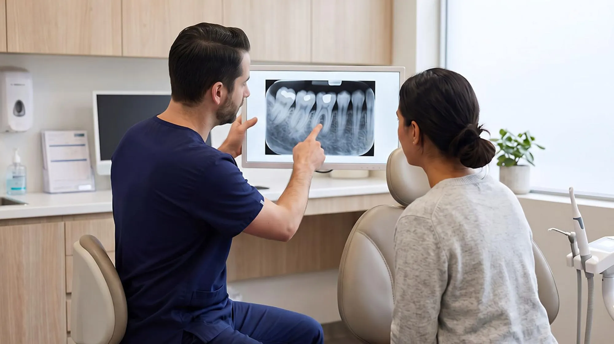 Denist and patient viewing dental xray