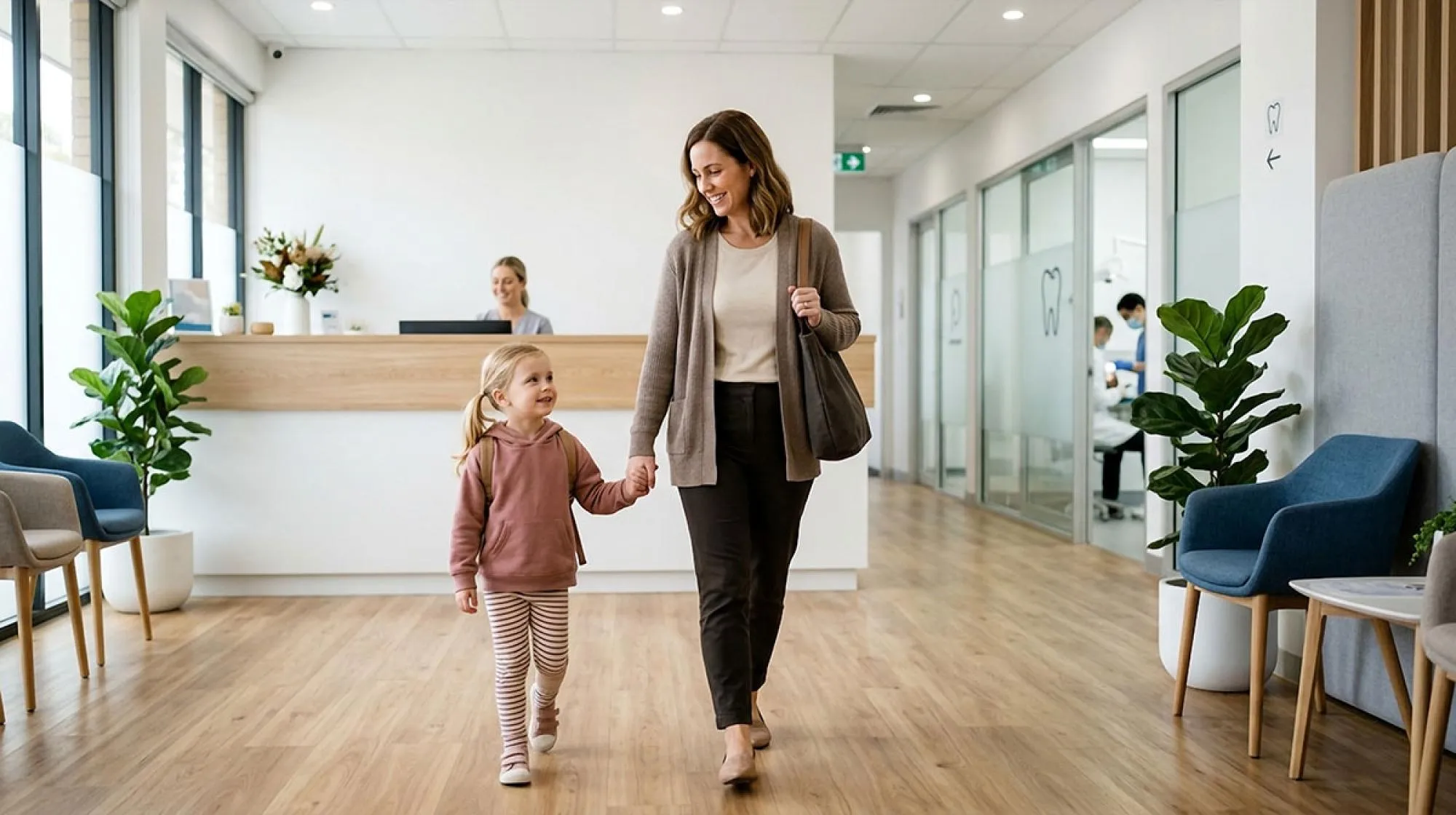 Mother and daughter at reception area at AltaVia Dental