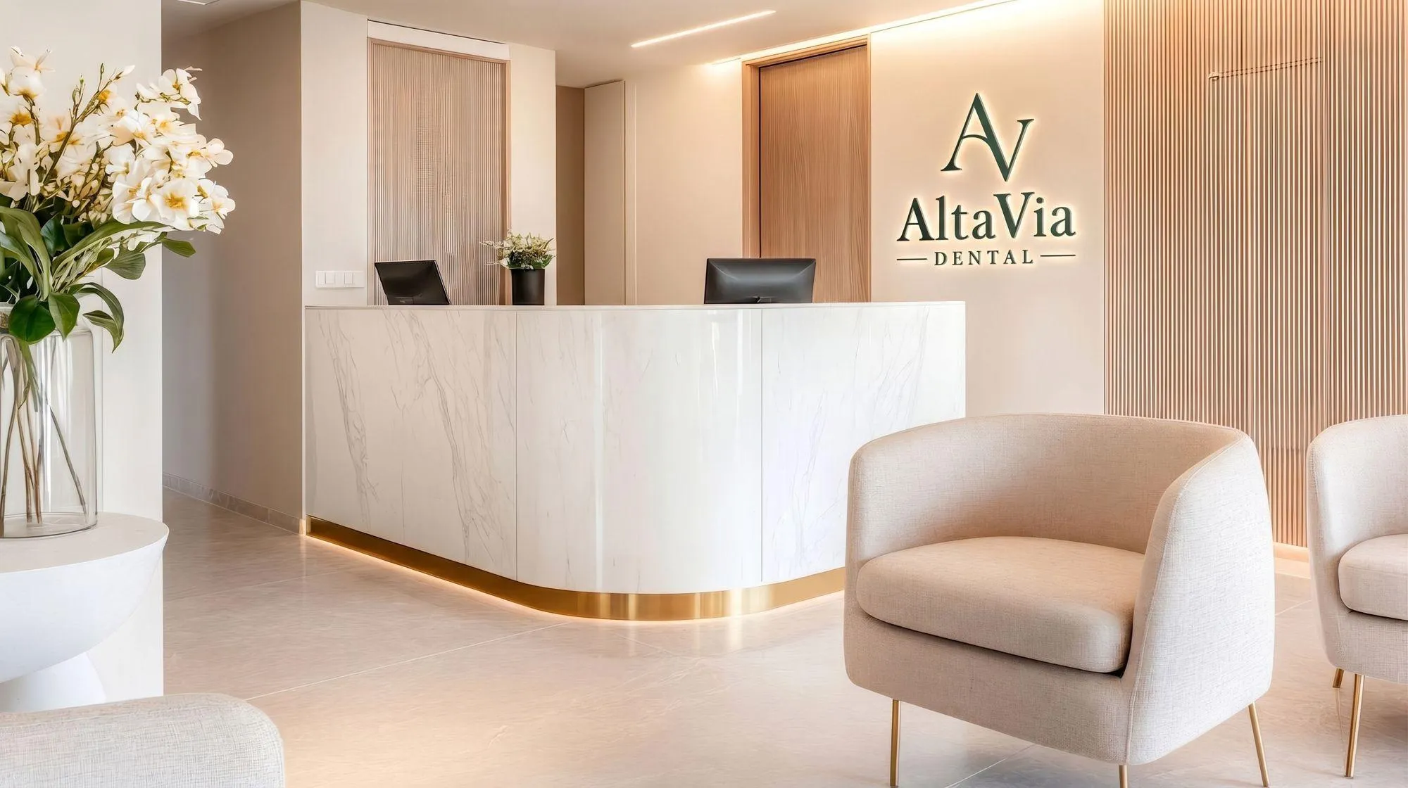 Reception area at AltaVia Dental, welcoming patients into a comfortable dental office.