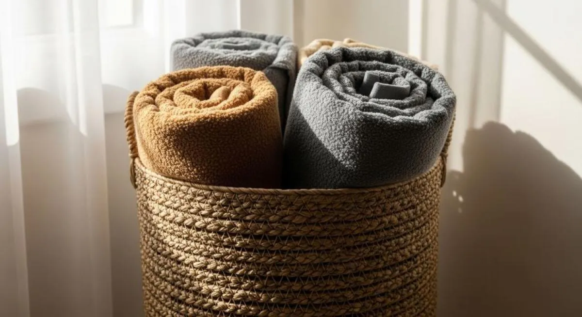 Soft rolled blankets in a woven basket, ready for patients