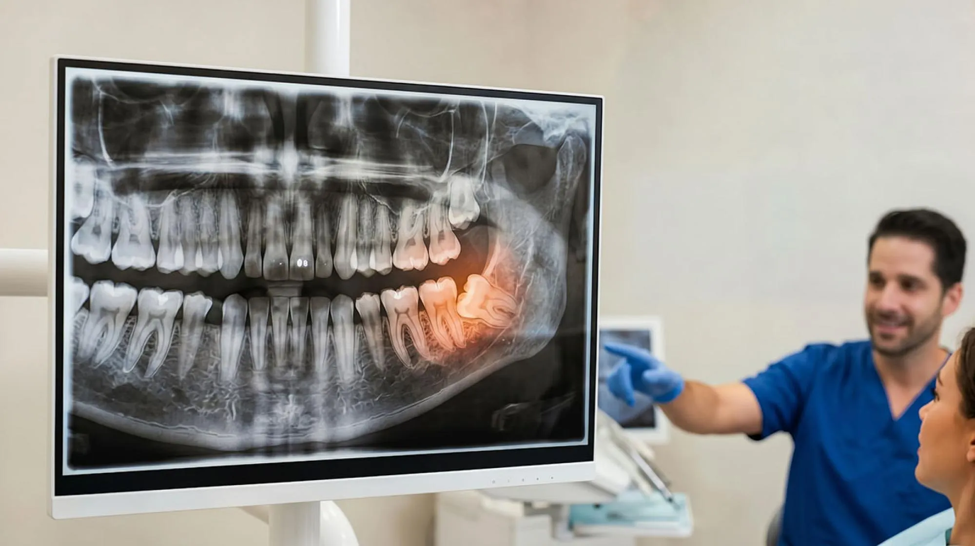 Dentist and patient viewing a dental x-ray of wisdom teeth